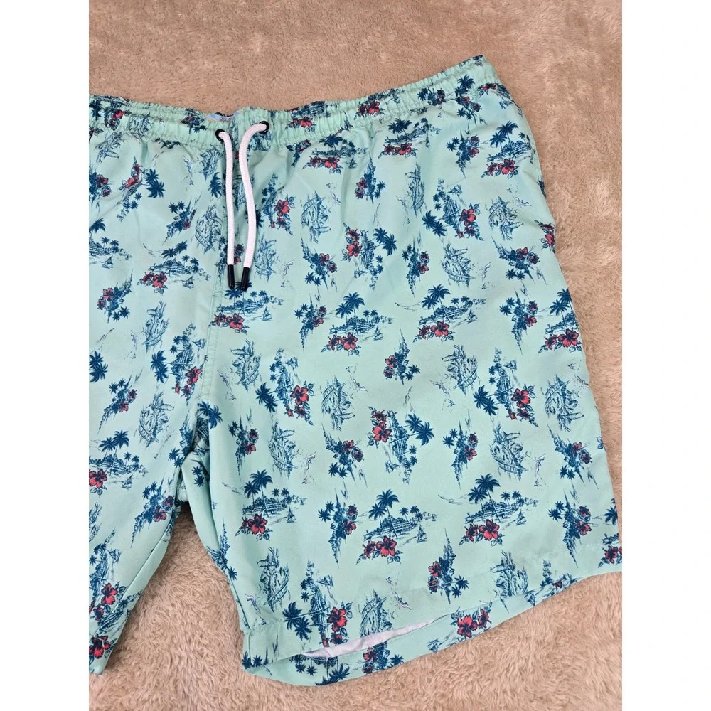 Ocean Coast Big & Tall‎ Mens 2XLT Swim Trunks Tropical Palm Hibiscus Aqua Blue